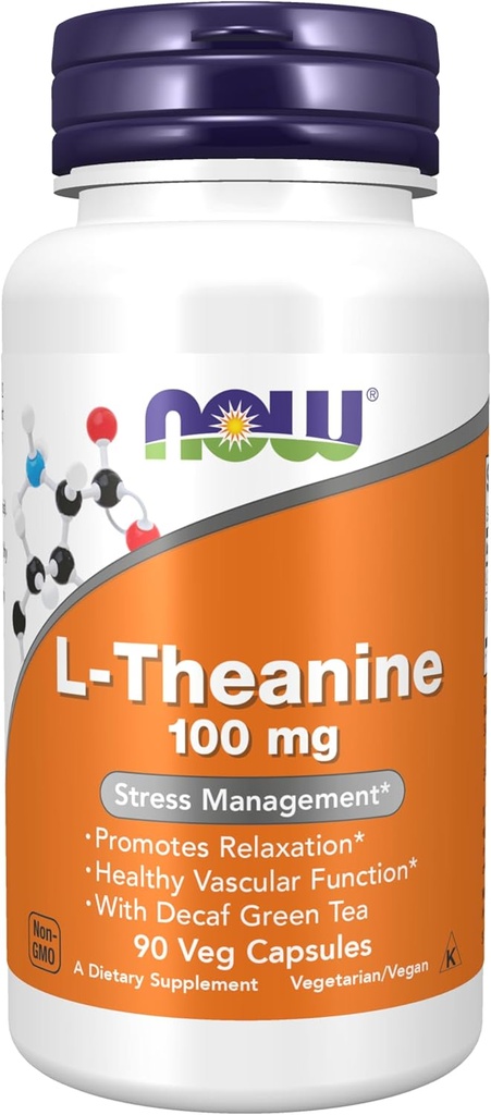NOW Foods Supplements, L-Theanine 100 mg with Decaf Green Tea, Stress Management*, 90 Veg Capsules