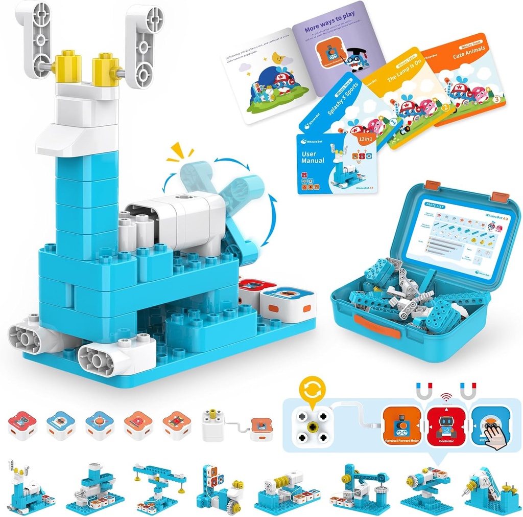 WhalesBot A3 12-in-1 STEM Blocuri Codare robot Kit pentru copii, 61-Piece Set de constructii educationale cu povesti interactive, Ideal Toy Cadou pentru baieti si fete varste 3-6