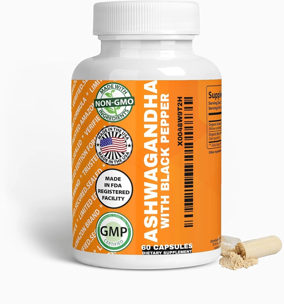 Capsule organice generice Ashwagandha & Black Pepper, 1300mg & 10mg, 60 Conte, Boost Imunity & Mood Natural