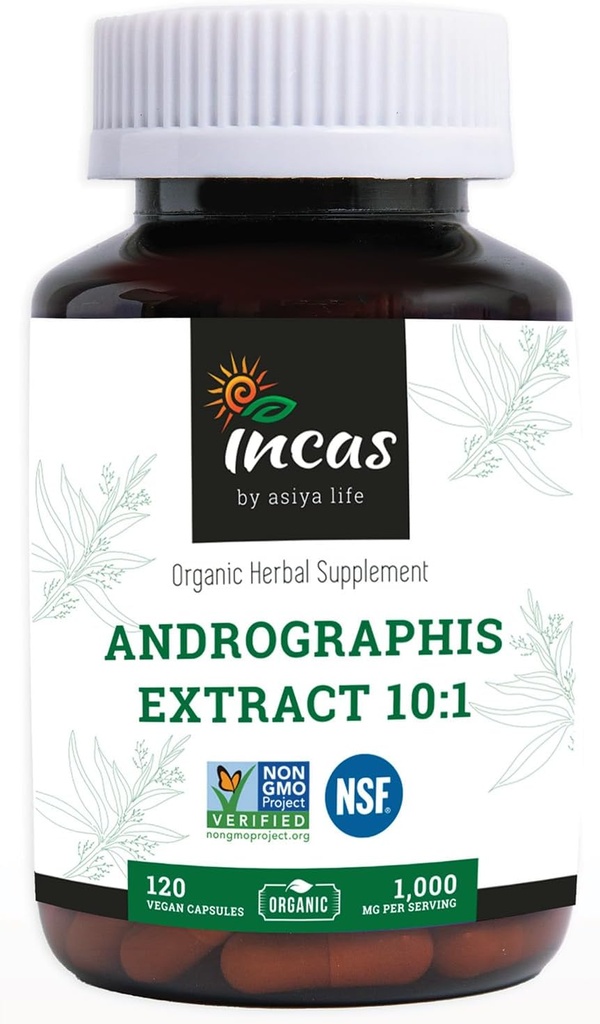 Incas Andrographis Capsule Max Andrographides - 1000 mg Dimensiune servire (120 capsule) - Studiat clinic pentru sistemul imunitar Sănătate & non OMG verificat de NSF