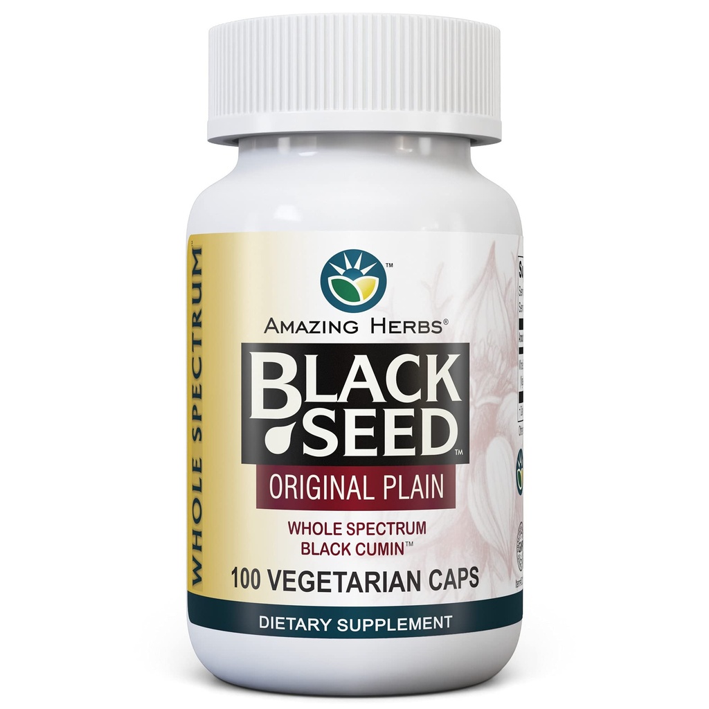 Amazing Herbs Whole Spectrum Black Seed Original Plain, Vegetarian Capsules - Gluten Free, Non OMG, Rece presat Nigella Sativa SIDA în Digestive Health - 100 Conte, 475mg