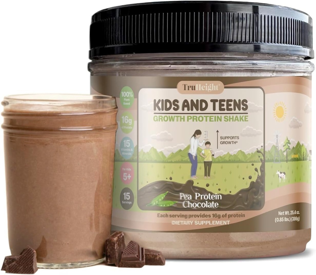 TruHeight Proteine Shake (Chocolate Milk Flavor, Plant) Natural de creștere și dezvoltare Pulbere de proteine pentru copii și adolescenți - Băuturi câștig în greutate, Endorsed by Pediatricians, Picky Eater Vitamina, Vârste 5+