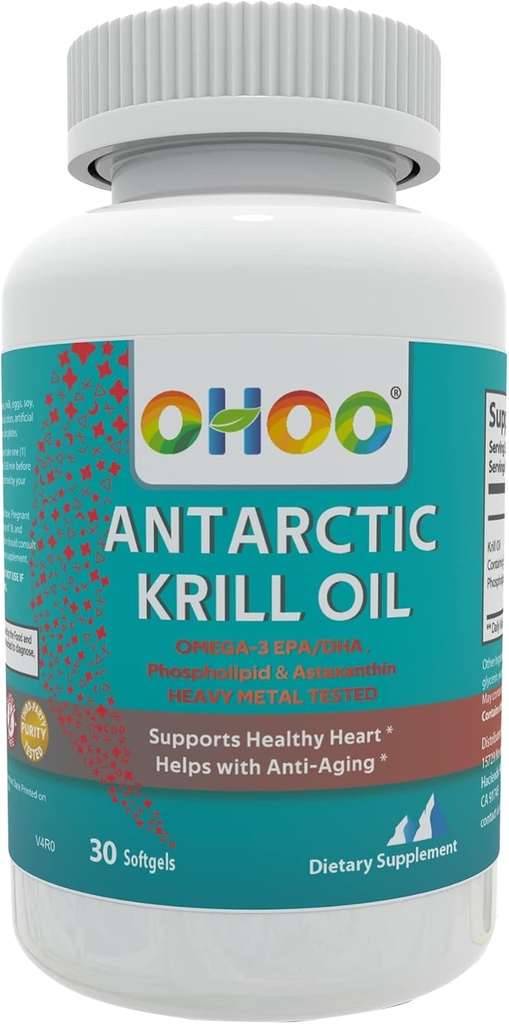 OHOO Antarctic ulei Krill 500mg Omega-3 Supliment EPA & DHA, Phopholicide, Antioxidant Astaxantină, Suporturi inima sanatoasa si anti-Aging Supliment cu nici un gust de pește, 30 Softgels