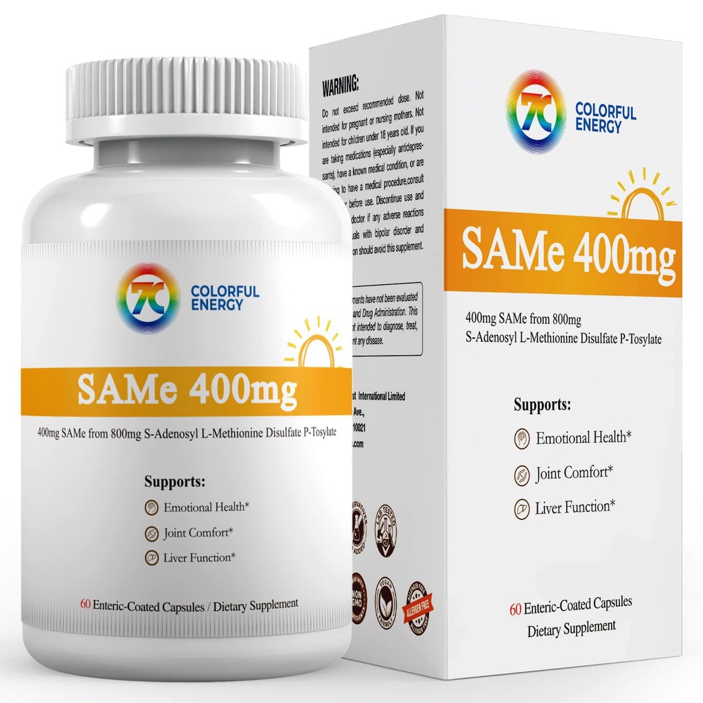7c Sam e 400mg Supliment (S-Adenosilmetionină), Vitamina B6, B12 Adăugată la îmbunătăţirea eficienţei Sam-e, Mood şi comfort comun, Vegan, non-GMO, Gluten-Free, 60 capsule acoperite cu enteric