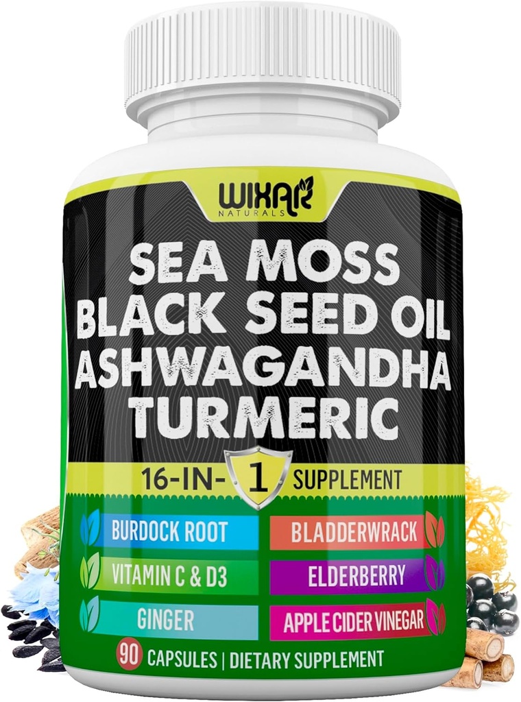 Wixar Sea Moss 3000mg Black Seed Oil 2000mg Ashwagandha 1000mg Turmeric 1000mg Bladderwrack 1000mg Bredock 1000mg & Vitamina C & D3 cu Yellow Dandelion Dock Clorofill ACV - 90 capsule