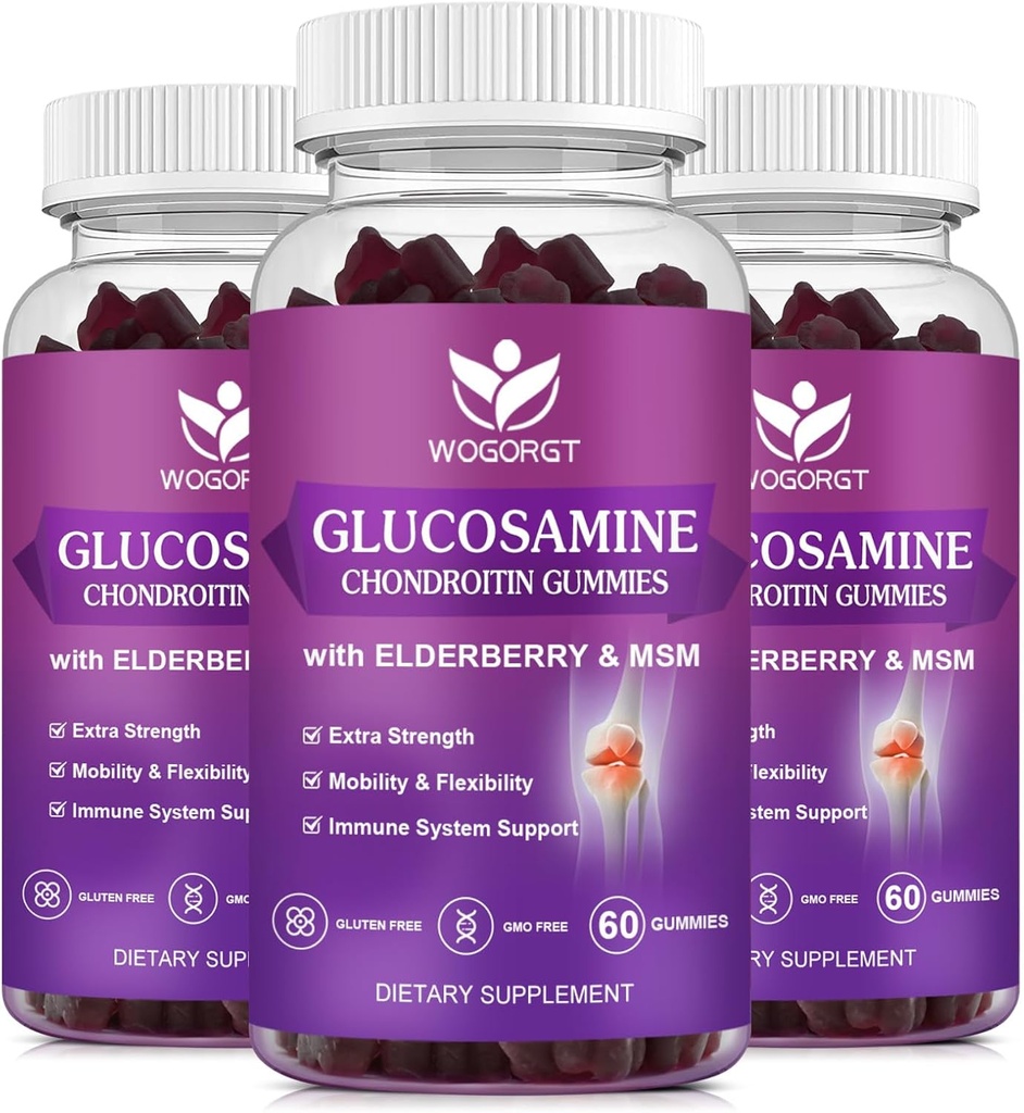 Glucosamină Chondroitin Gumies cu MSM & Elderberry - 1500 mg Glucosamină Chondroitin Gummies Suplimentul pentru flexibilitate şi suport imun pentru bărbaţi şi femei, 60 Gummies (3 ambalaj)