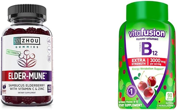 ZHOU Nutriție Elderberry Gumies Suport imun Bundle cu vitamina Vitafusion B12 Gumies Suport metabolic energie, 60 și 90 Conte