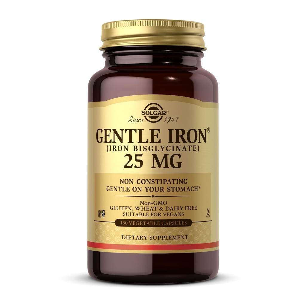 Solgar Gentle Fier (Biglicinat de fier Iron) 25 mg - 180 Capsule vegetale - Neconsceptabile, Blânde pe stomac - non-GMO, Gluten Free - 180 Serviri