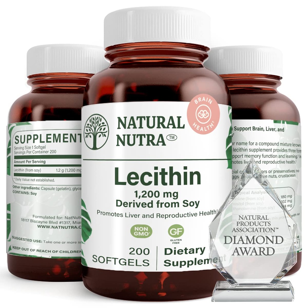 Nutra Natural Soy Lecithin 1200 mg Supliment alimentar - Functia creierului, sanatatea ficatului, imbunatatirea sanatatii procreante, Booting Supliment - Gluten-Free, BPA-Free, 200 Softgels in sticle de sticla reciclabile