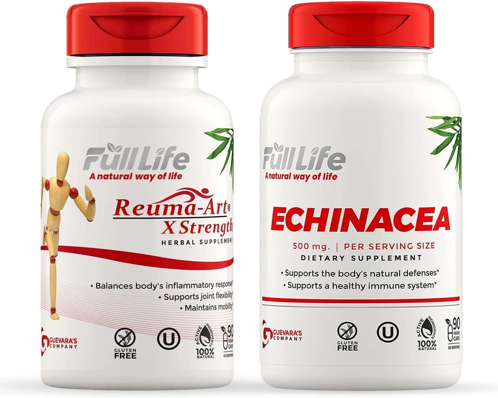 Full Life Reuma-Art X Concentraţie şi Echinacea Capsule - Suport comun - Echinacea Purpurea Extract - Kosher, Gluten-Free - 90 Capsule Veggie Fiecare