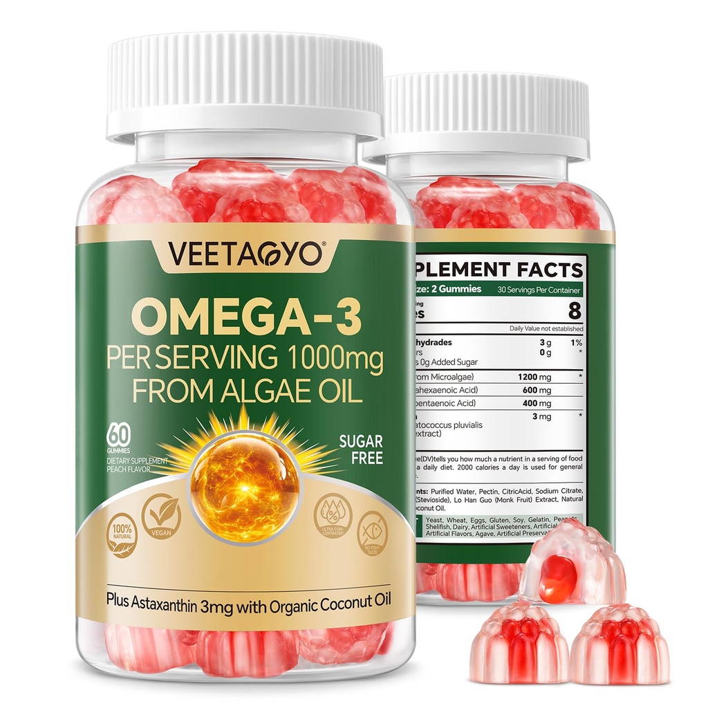 Vegan Omega 3 Gumries 1200mg - Dual Layer - Fish Oil Alternative, Marine Algae Omega 3 Supliment DHA 600mg, EPA 400mg cu Astexanthin,Sugar Free,60 Cts