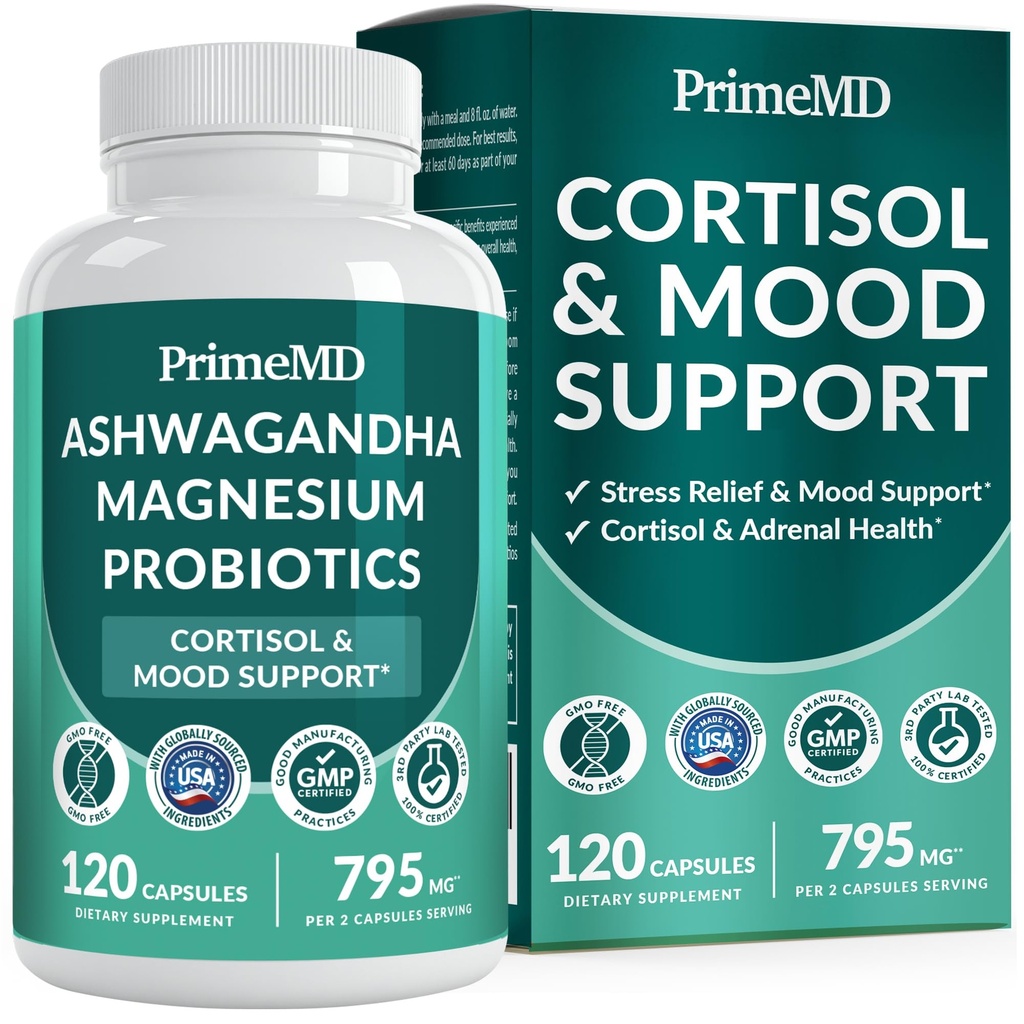 5-in-1 Cortizol Supliment pentru femei şi bărbaţi cu Ashwagandha pentru calm, focus, şi Adrenale Supplements with Shilaj Extract, Magneziu Glicinat, Probiotice (120 ct) (Pachet de 1)