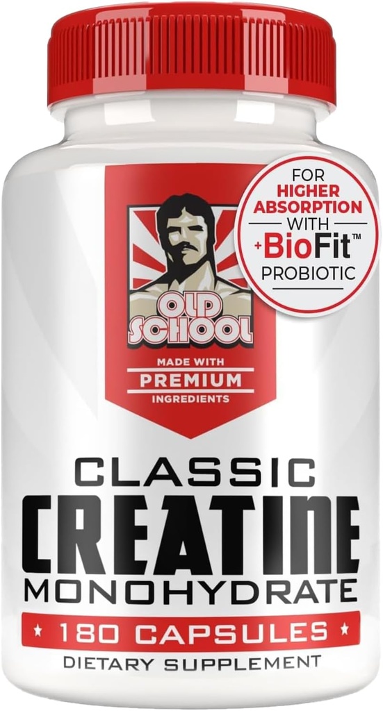 Old School Labs 5000mg Creatine Capsule monohidrate cu BioFitTM (Max Putere) sprijină creșterea musculară și recuperarea, performanța, Cognitive Health - Creatine Pilule pentru bărbați și femei, Made in USA 180 Caps