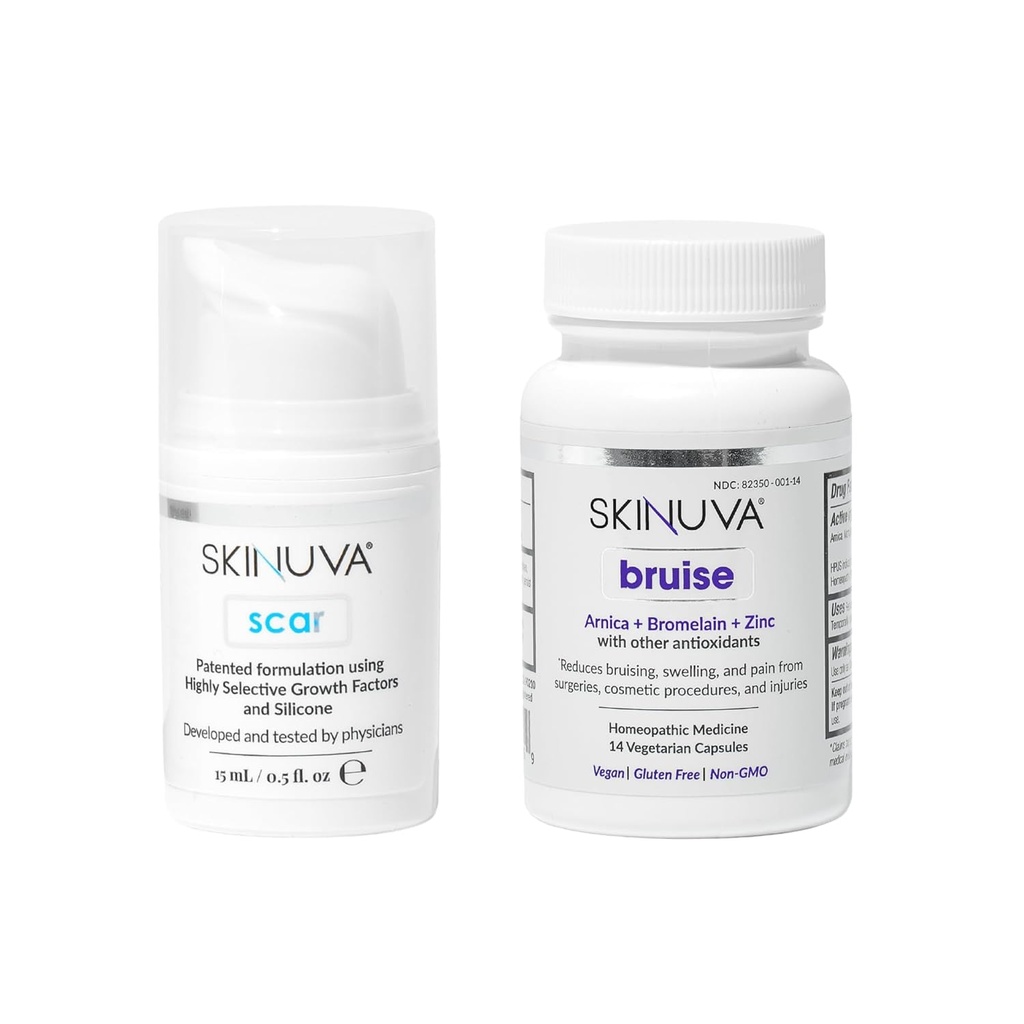 Skinuva® Scar (0,5 oz) & Bruise (14 capsule) - Advanced Silicon Cream Formulated with Growth Factors & Homeopatic Bruise Remedy Formulated with Arnica, Bromelain & Zinc