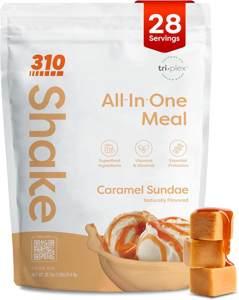 310 Nutriție All-In-One Masă de înlocuire Shake Powder - Smoothie Blend de proteine pe bază de plante w/High Fiber, Probiotics & Adaptogens - Carb scăzut, Vegan, Keto & Paleo Friendly - Caramel Sundae - 28 Srv