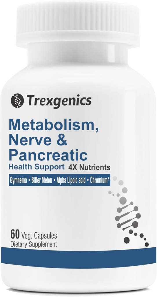 Trexgenics Suport metabolic cu GYMNEMA 75% Acid gimnenic 150 mg, Bitter Melon 5% Bitters 150 mg, Crom & Alpha LIPOIC ACID150mg (60 capsule Vegan) (pachet de 1)