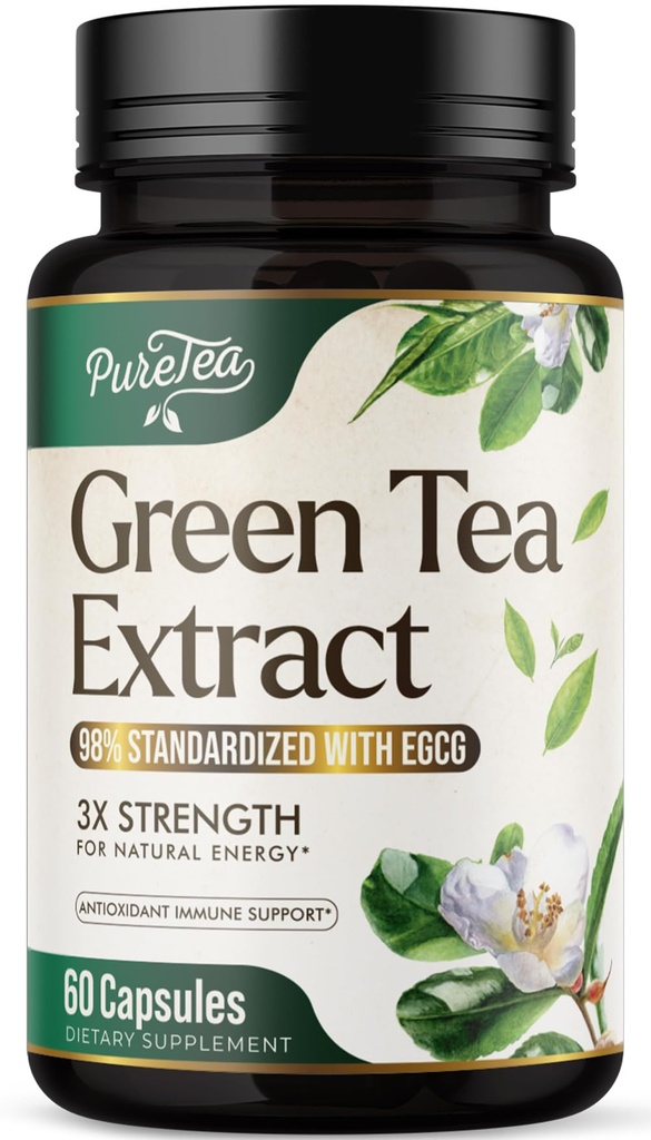 Capsule de extract de ceai verde 1000mg cu 45% EGCG & 98% Polifenoli pentru suport cardiac cu antioxidanti - 3X Absorbție Pastile de ceai verde Supliment pentru energie naturală, Cafeina blând - 60 capsule