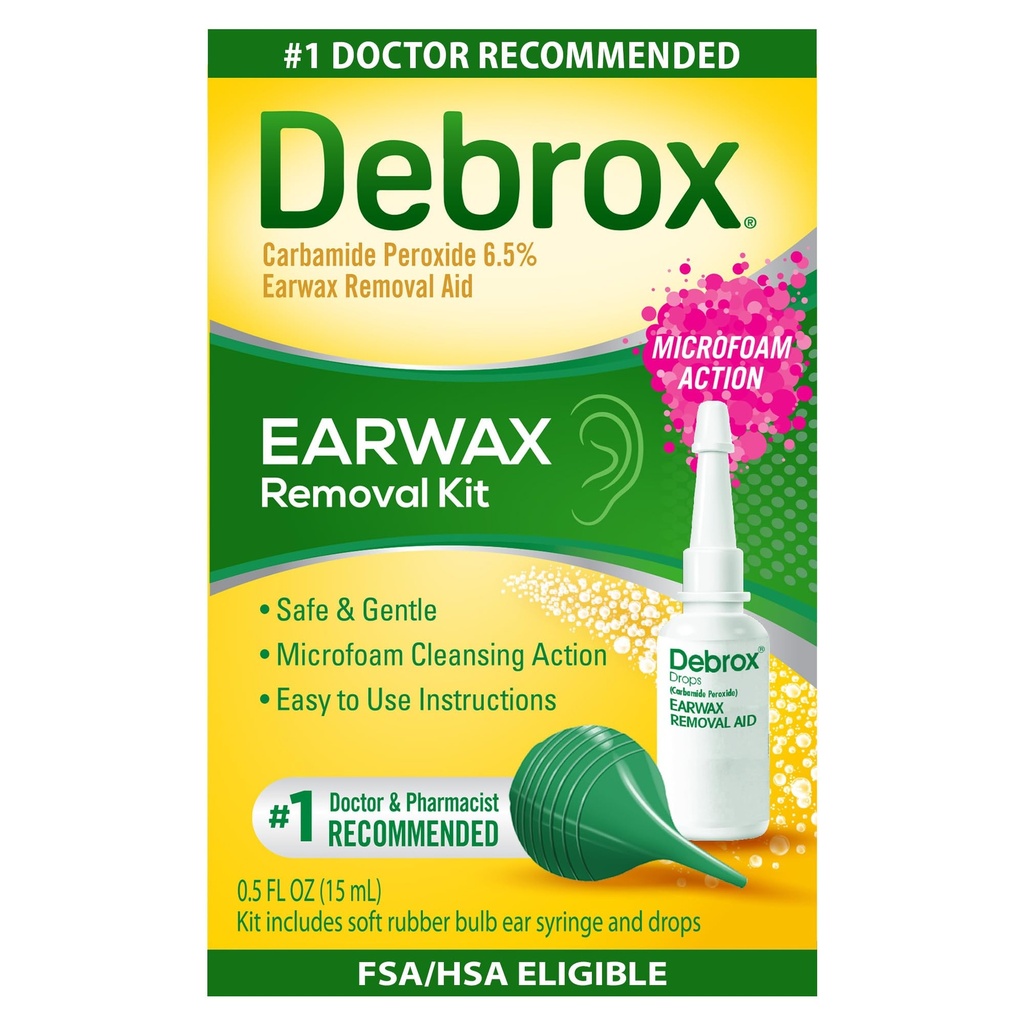 Kit de îndepărtare a urechii Debrox, Seringă de bulb & 0,5 Fl Oz picături de ceară pentru ureche cu carbohidram Peroxid