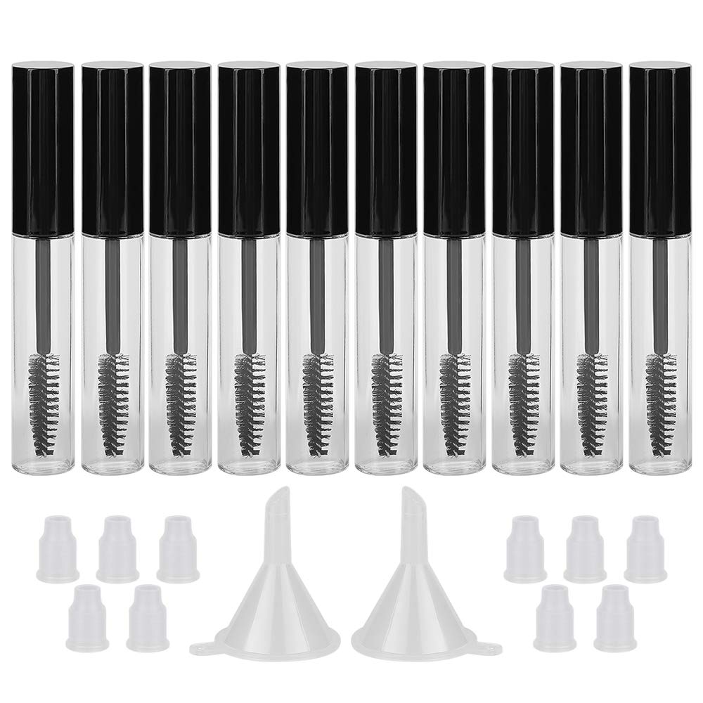 GTHER 10PCS 10ML Sticla tub de mascara goala cu bagheta de gene, Insertii de cauciuc & Funneluri Set pentru ulei de Castor / ulei de marime, container de crema DIY cu capac, negru