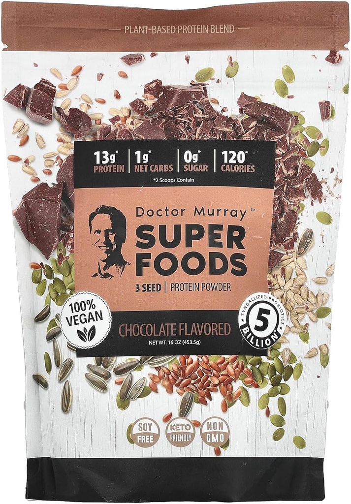 Dr. Murray's Super Foods, 3 Seed Proteine Powder, Pumpkin + Flax + Floarea soarelui, Ciocolată, 16 oz (453.5 g)