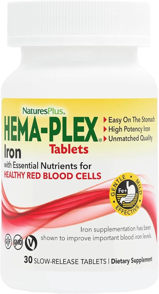NaturasPlus Hema-Plex Iron - 30 comprimate cu eliberare lentă - 85 mg Fier Chelat - Sănătatea totală a sângelui - cu vitamina C & Bioflavonoide - non OMG, vegetariană & Gluten gratuit - 30 Serviri