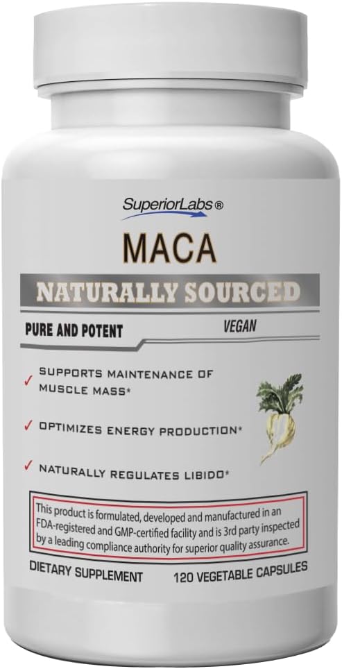 Labs Superior - organic peruvian Maca - 100% pur nonGMO - Supliment alimentar pentru calmare și relaxare - Zero aditivi sintetici, Stearați, dioxidi - 750mg, 120 capsule vegetale