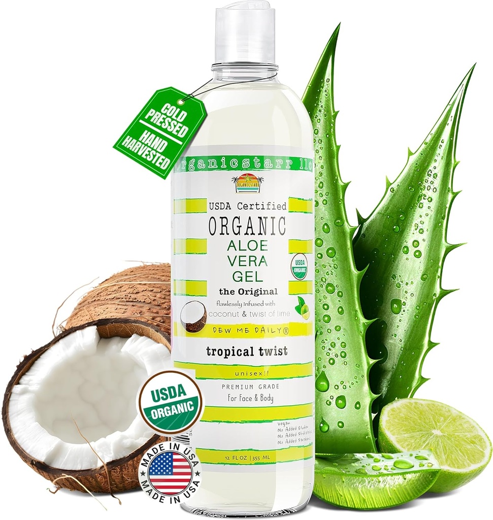 USDA Certified Organic Aloe Vera Gel 12 oz - 100% Pure, Cold Presed, Hand Harved, Infuzat cu nucă de cocos, Lime & Verbena Uleie esențiale, Chimic-Free - Skin & Hair Care, Made in USA