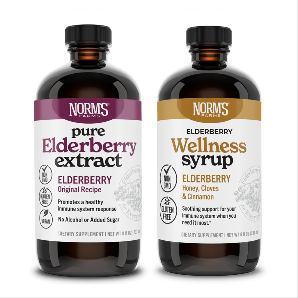 Ferme Norm Elderberry Extract & Wellness Sirop Bundle 2 PK - Suport imunitar Elderberry Syrup pentru copii & Adulți - Made in USA, Pure, Potent, Ingrediente naturale, Vegan, Gluten-Free, Non-GMO - 8 Oz