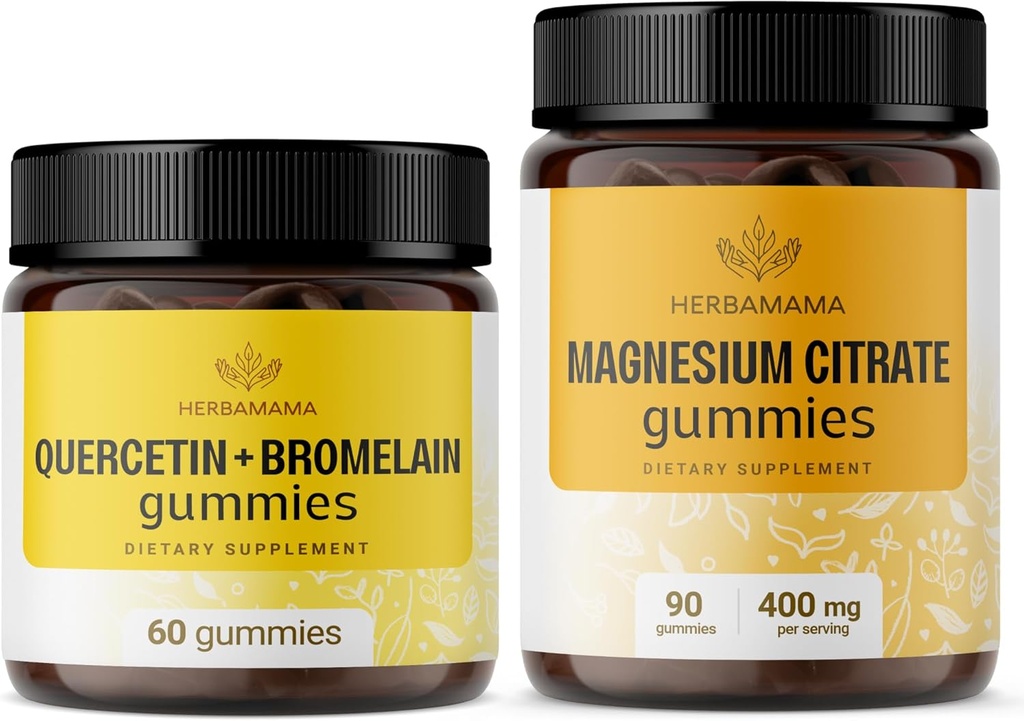 HERBAMAMA Querbetin and Magneziu Gummies Kit - Bundle of 800 mg Quercetin with Bromelain and 400 mg Magneziu Citrate Gummies - Vegan, Non-GMO, Gelatină-Free - 2 Pack