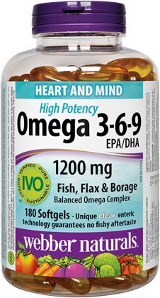Webber Naturals Omega 3-6-9 High Potency 1200 mg · Pește, Flax & Borage, 180 softgels