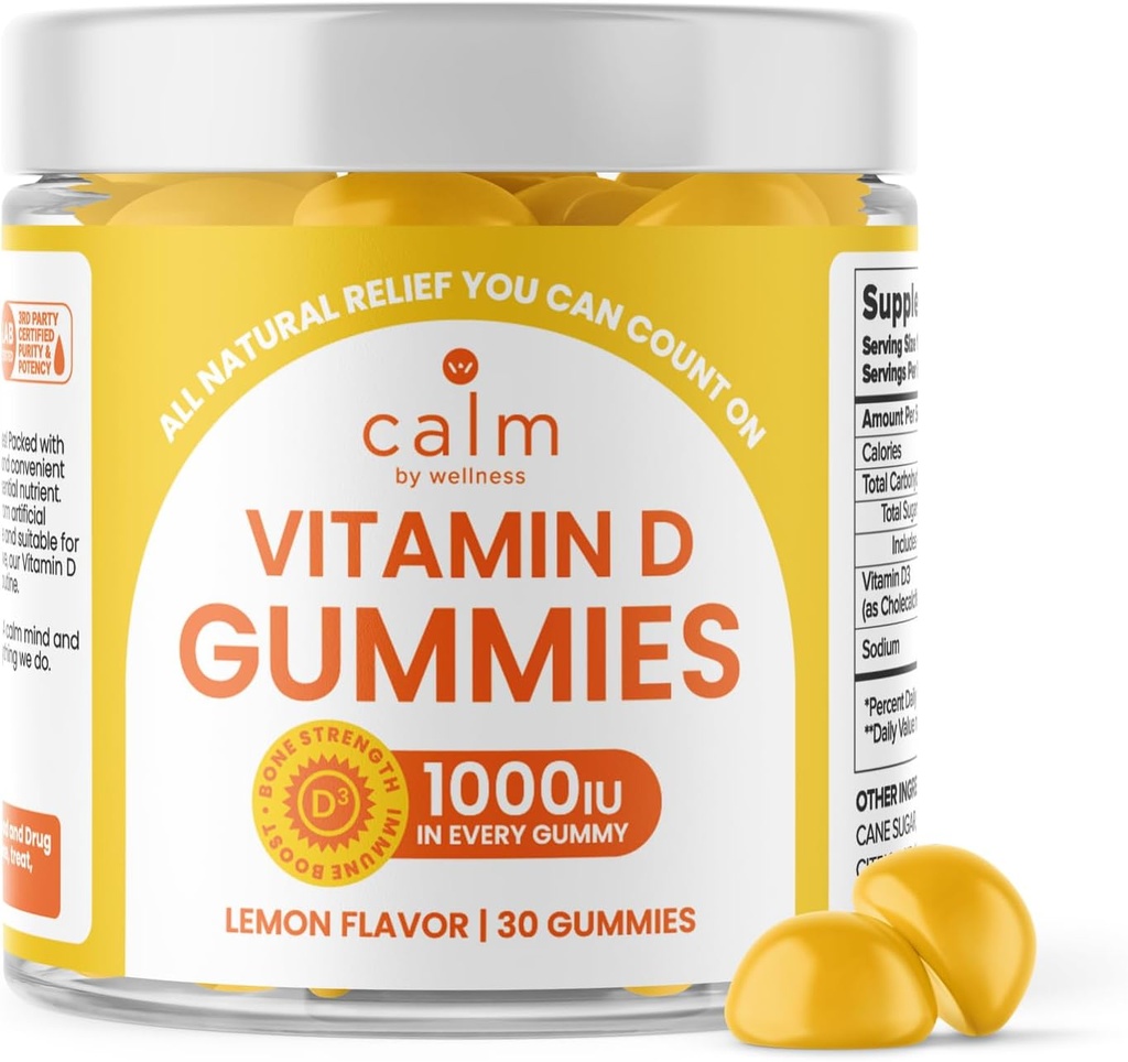 Calm de wellness Vitamina D Gumies pentru adulți, vitamina D3 Gummy, vitamine pentru os și sistemul imunitar de sprijin, aromă de lamaie, 30 Conte