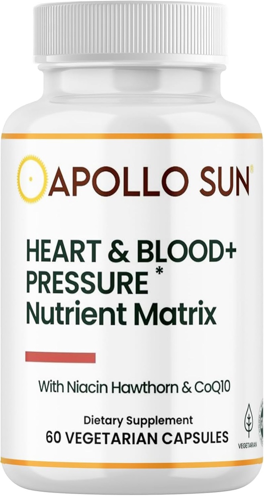 APOLLO SUN Inimă și sânge + supliment de presiune Matrix nutrient cu extract de Hawthorn, Niacin, și COQ10, 60 capsule vegetariene