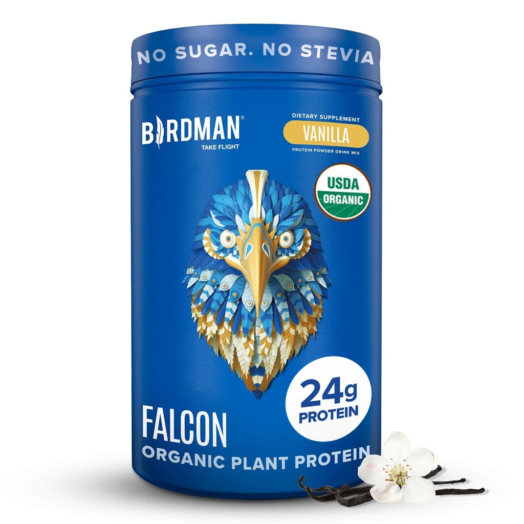 BIRDMAN Falcon Organic Vegan praf de proteine Vanilie, 24g Proteina, Zahar gratuit, Probiotice, Low Carb, Keto Friendly, Dairy Free, Lactoză gratuit, Non Whey, Pe bază de plante Pea Proteina pulbere - 18 Serviri