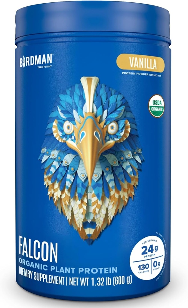 BIRDMAN Falcon Organic Vegan praf de proteine Vanilie, 24g Proteina, Zahar gratuit, Probiotice, Low Carb, Keto Friendly, Dairy Free, Lactoză gratuit, Non Whey, Pe bază de plante Pea Proteina pulbere - 18 Serviri