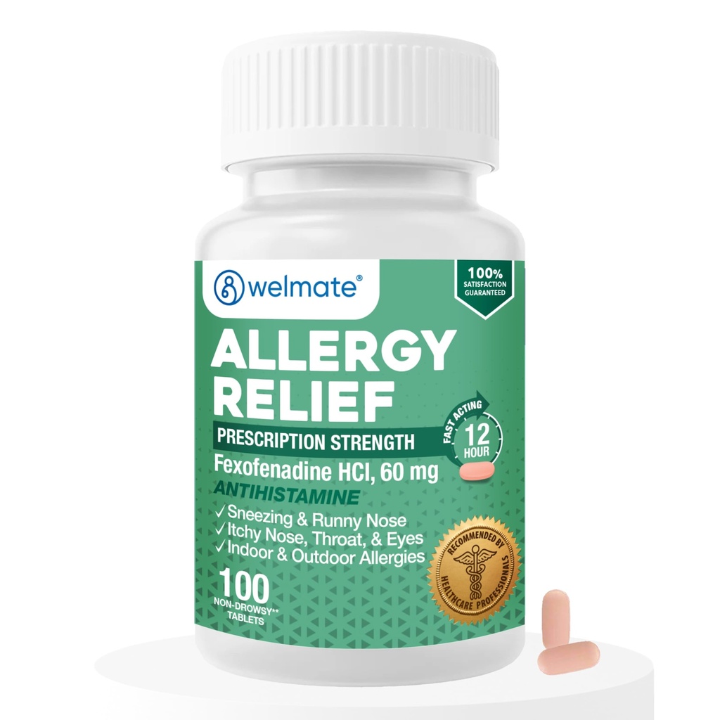 WELMATE - Alergie Relief - Fexofenadină HCl 60 mg - 12 ore Antihistaminic non-drowsy - Strănut - Runny Nose - Itchy Eyes, Nose & Throat - Indoor & Outdoor Allergy Relief Tablets - 100 Count