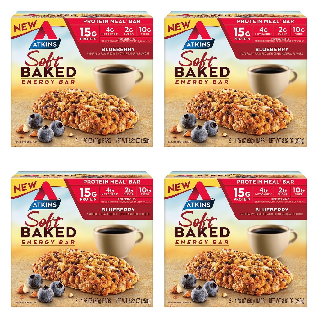 Atkins Aroma de afine Soft Energy Bars, High in Proteine Snack Bar, Low Sugar, High Fiber Snack, Proteine Snack, 4 Packs (4 Baruri fiecare)