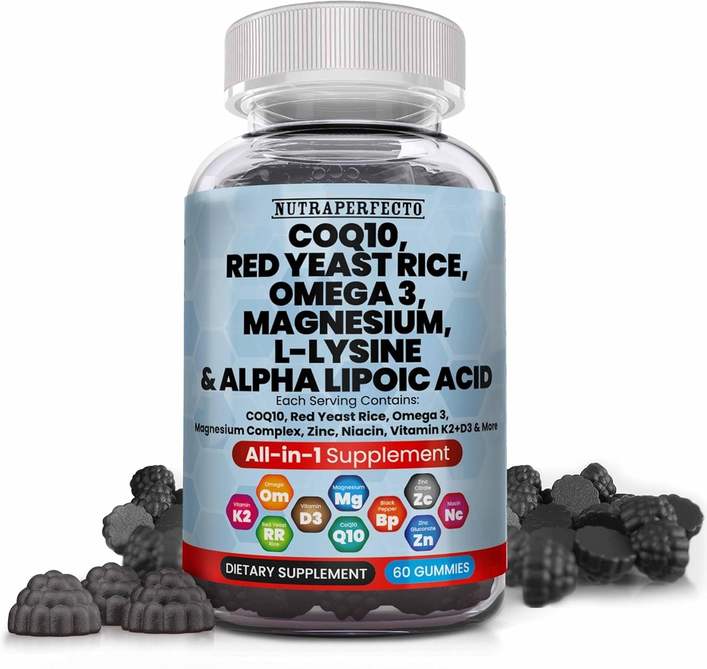 L-Lysine Coq10 Alpha Acid lipoic Gumies Red Yeast Rice Magneziu Gummy pentru adulți și copii - Amino Acid Suplimente Omega 3 Niacin Zinc Vitamina K2 D3 B3 - Vitamine pentru femei și bărbați - 60 Gummy Bears