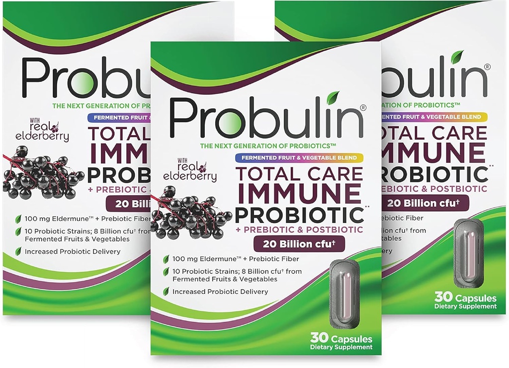 Probulin Total Ingrijire Imun = Prebiotice + Probiotice + Postbiotice + Elderberry pentru a sprijini Immune & Gut Health - 20 Miliarde CFU - 10 Tulpini - 30 Capsule Vegane (Pachet de 3)