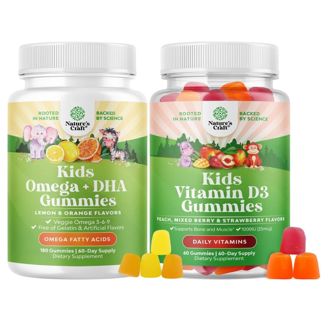 Bundle of Omega DHA Gummies for Kids - Grăsani Acidi Omega 3 6 9 - Vitamina C pentru creier, Imunitate & Vision and Vitamina D Gummies for Kids - 1000 UI Per Serving - Immune Support Muscle Teeth & Bone Health
