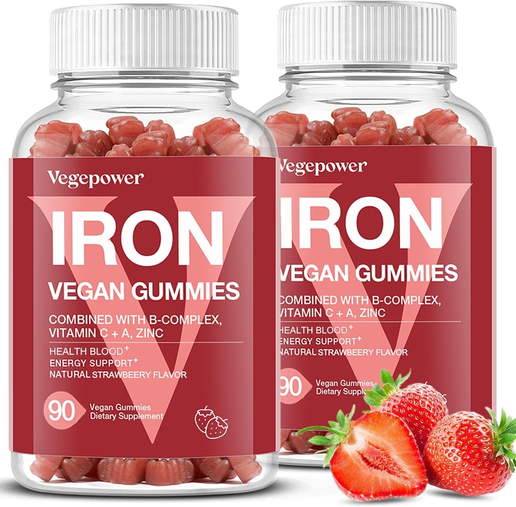 Gume de fier Suplimente pentru femei si copii - Multivitamine cu Guma de fier pentru oxigenul din sange, Gume de mare Tasting cu vitamina C pentru absorbtie maxima, Vegan Chembable(180 conte, capsuni)