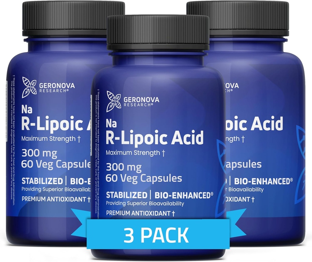 Geronova Research Bio-Enhanced R-Lipoic Acid, capsule 300 mg - 6 luni de aprovizionare - Stabilizat R Acid lipoic alfa cu absorbţie sporită - Supliment acid lipoic - 180 număr