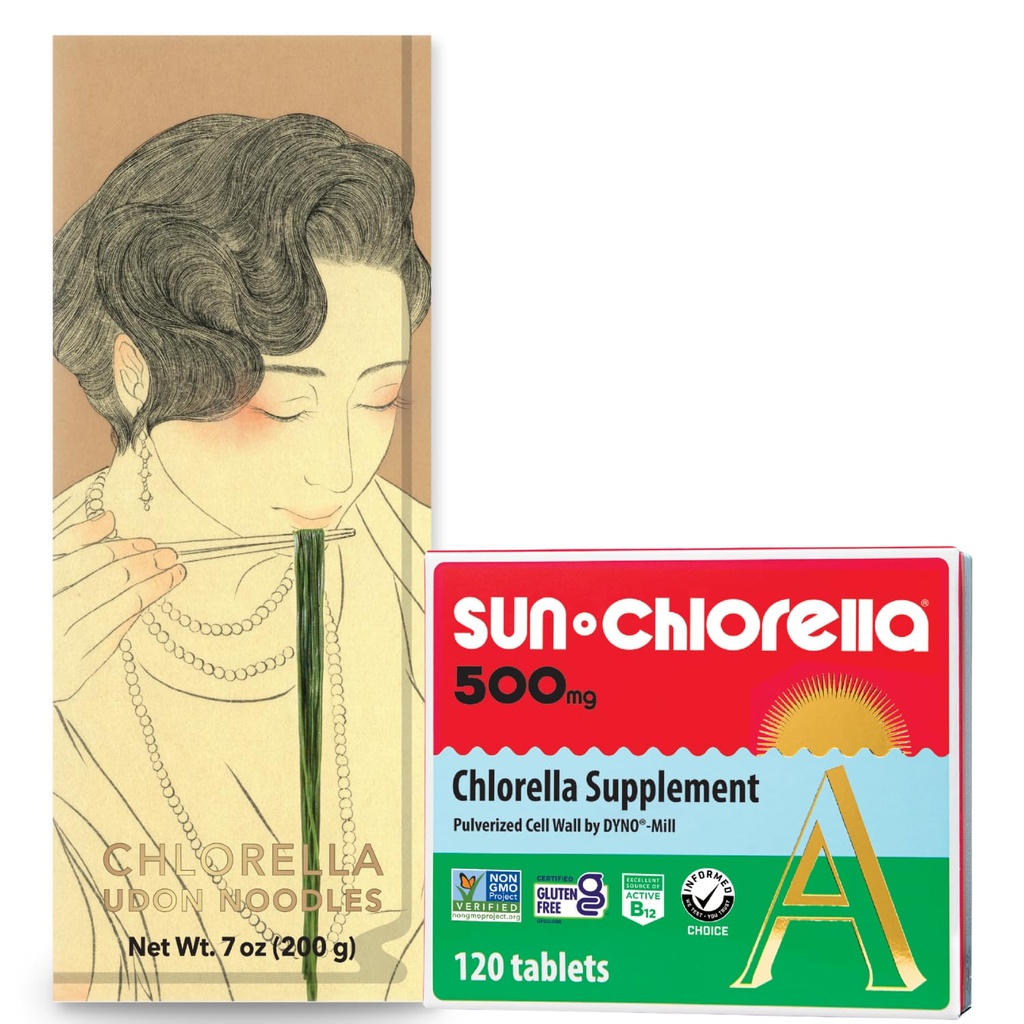 Sun Chlorella Green Goodness Bundle - 500 mg Superfood, Non-GMO 120 comprimate + Udon Noodles Chlorella, gata de gătit, Vegan, Vegetarian 7,8 oz (4 Serviri)