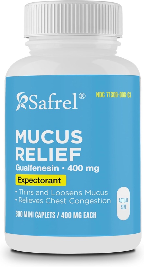 Safrel Pharma Mucus Relief Guaifensin 400 mg - Expector de acţiune rapidă, Thins şi Loosens Mucus, Relieves Congestia toracică, Tuse, Rece şi Flu 