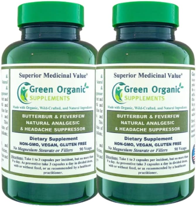 Green Organic Suplements Butterbur, Feverfearthout, Analgesic, Painkiller, & Headage Suppressor, 90 VCaps, High Absorbable, Non-GMO, Gluten-Free (Pachet de 2)