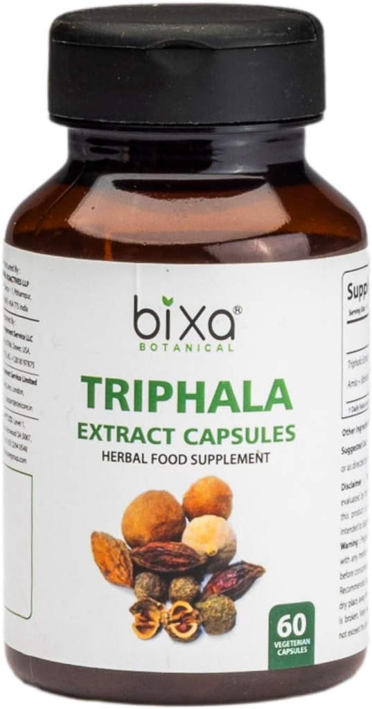 bixa BOTANICE Ayurvedic Natural Herbal Supplement Triphala Extract Capsule pentru Digestie sanatoasa si Absorbtia Nutrients (Amla + Haritaki + Bibhitak) (60 Count (Pachet de 1)