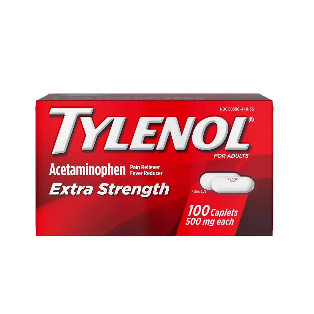 Tylenol Extra Putere Durere Relief pastile, Acetaminofen 500 mg Caplete, Durere Reliever și Febră Reductor Medicina pentru dureri de cap, dureri de spate, dureri de dinți și artrită minoră, 100 Conte Sticla