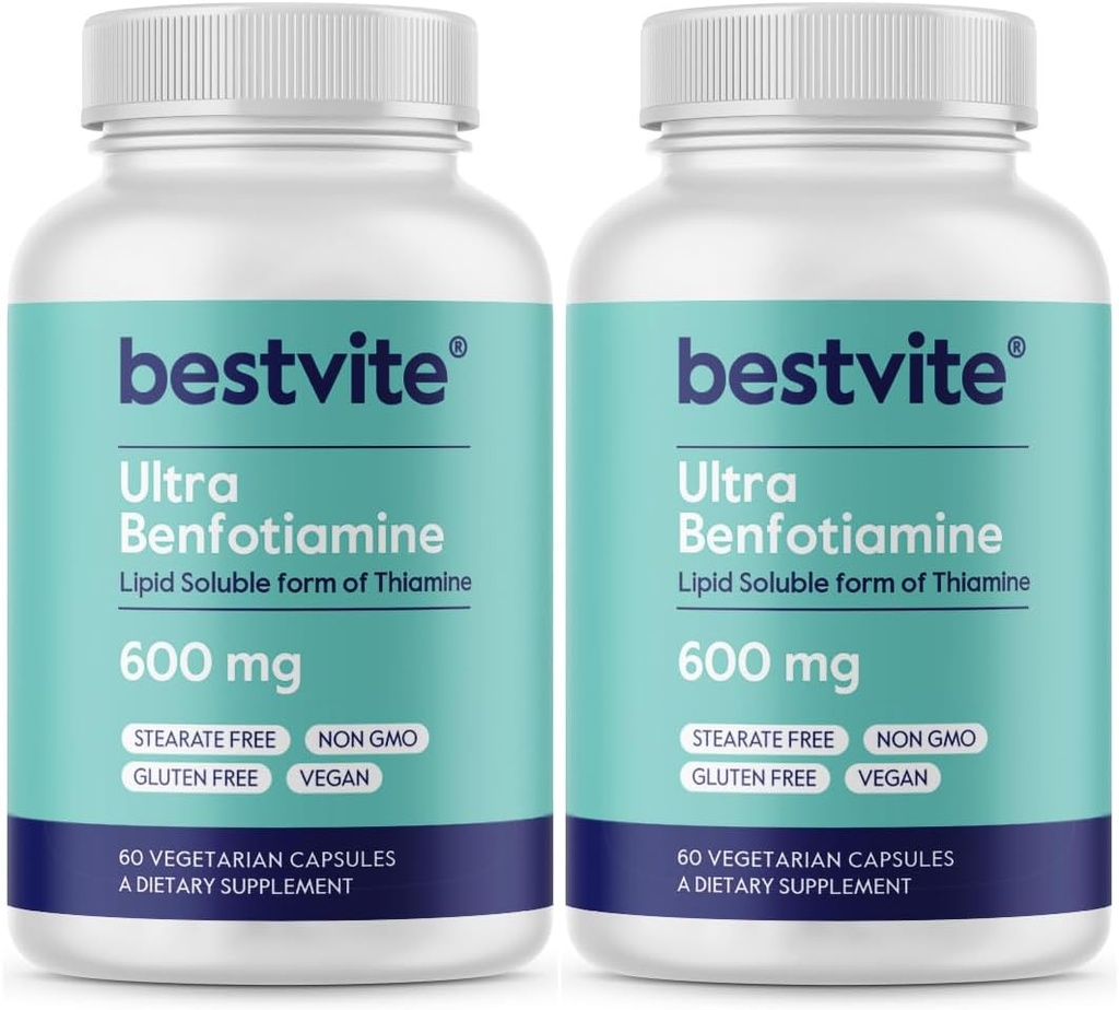 Ultra Benfotiamină 600 mg per capsulă (120 capsule vegetariene) (60x2) Fără Stearate - Nu Silicon Dioxid - Vegan - Non OMG - Gluten Free - Concentrație maximă Benfotiamină