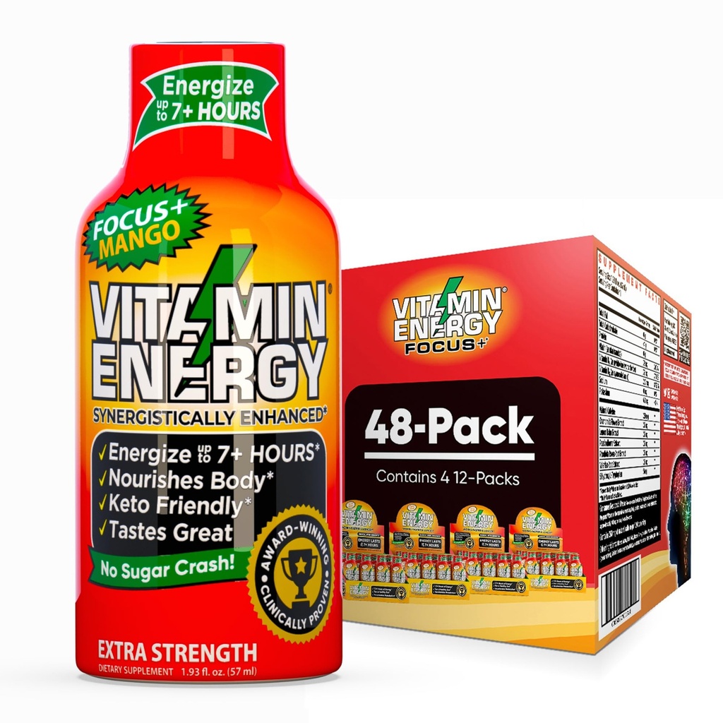 Vitamina Energie Focus+ Extra Putere Energie Shot Mango 48 Pack, 260mg Natural Cafeina, B-Vitamina, CoQ10, Amino Acidi, Focus, Productivitate & Clarity, Zero Zahăr, Gluten-Free, 1.93 fl oz