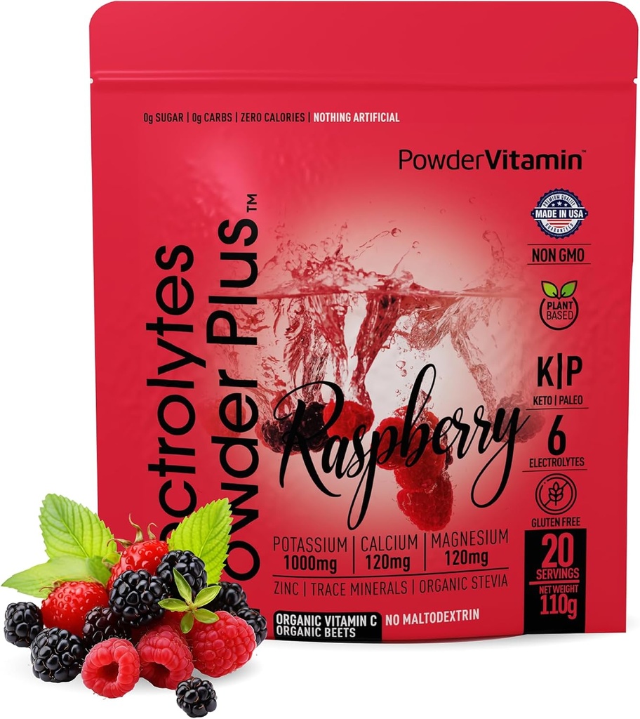 PulbereVitamina Electroliti Pulbere Plus (20 serviri) Raspberry Electrolit Pulbere Zero Calorie Keto,0 Zahăr, Nu Maltodextrin,1000mg Potasiu,120mg Calciu,120mg Magneziu, Sare roz Himalayan