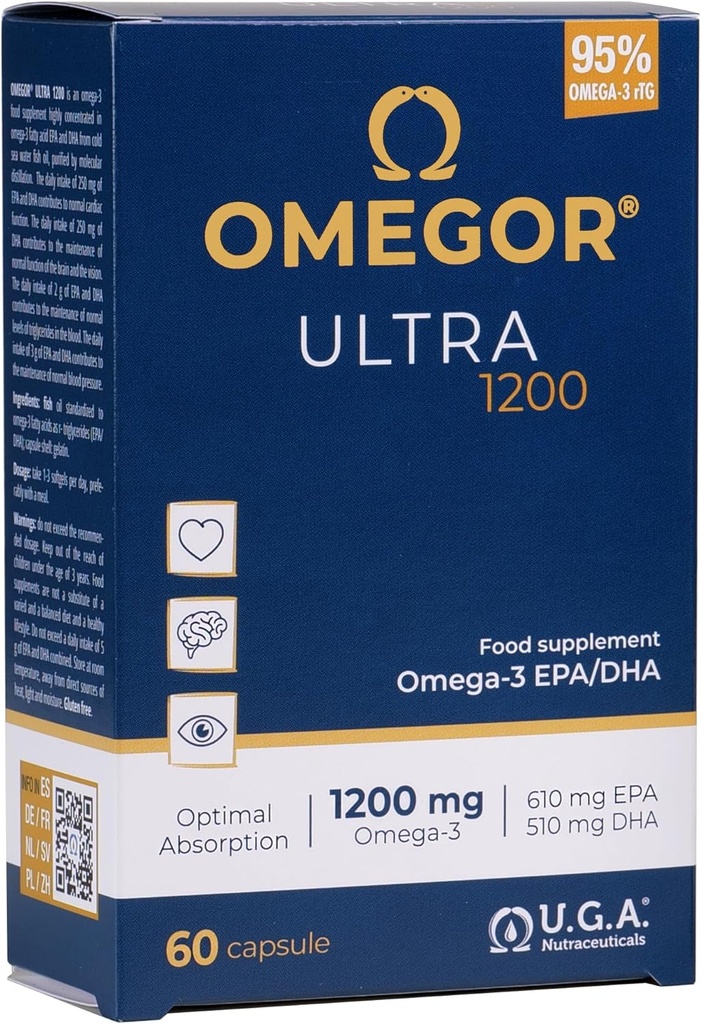 OMEGOR Omega 3 ulei de pește 1200mg Ultra - 610mg EPA și 510 DHA Omega3 IFOS certificate - Biodisponibilitatea ridicată și nici un gust (60 Caps)